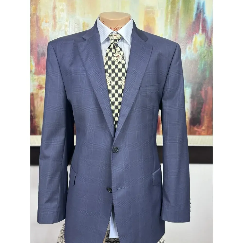 Karl Lagerfield Mens Navy Plaid 42L 2 Piece Suit Pants 36/32